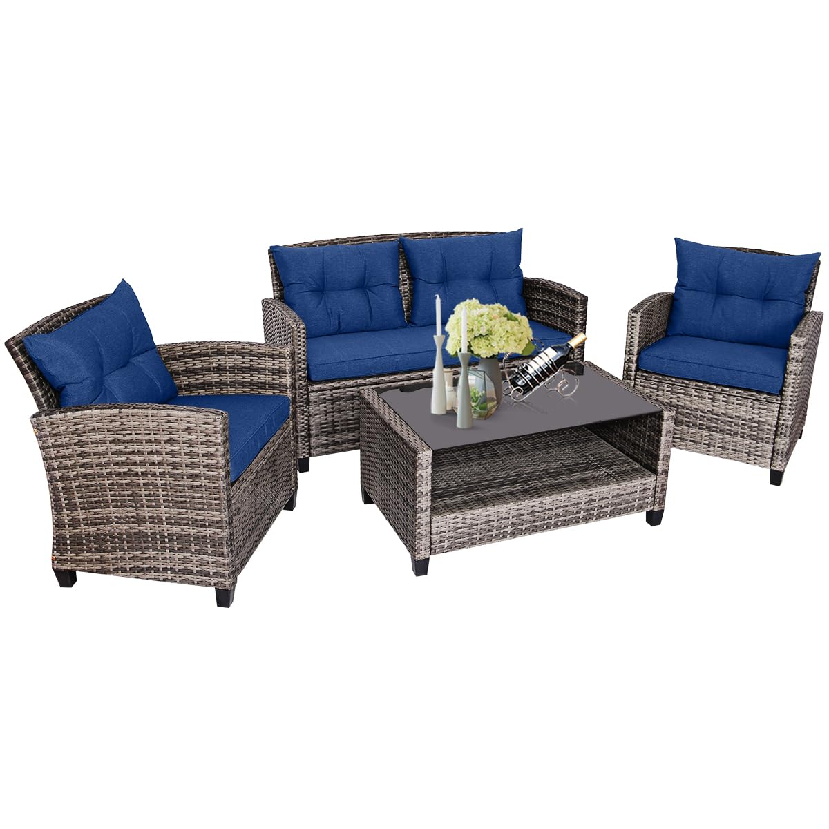 Ensemble de mobilier de conversation en osier pour patio Tangkula 4 pièces, ensemble de canapé en rotin d'extérieur avec coussin rembourré et table basse en verre trempé